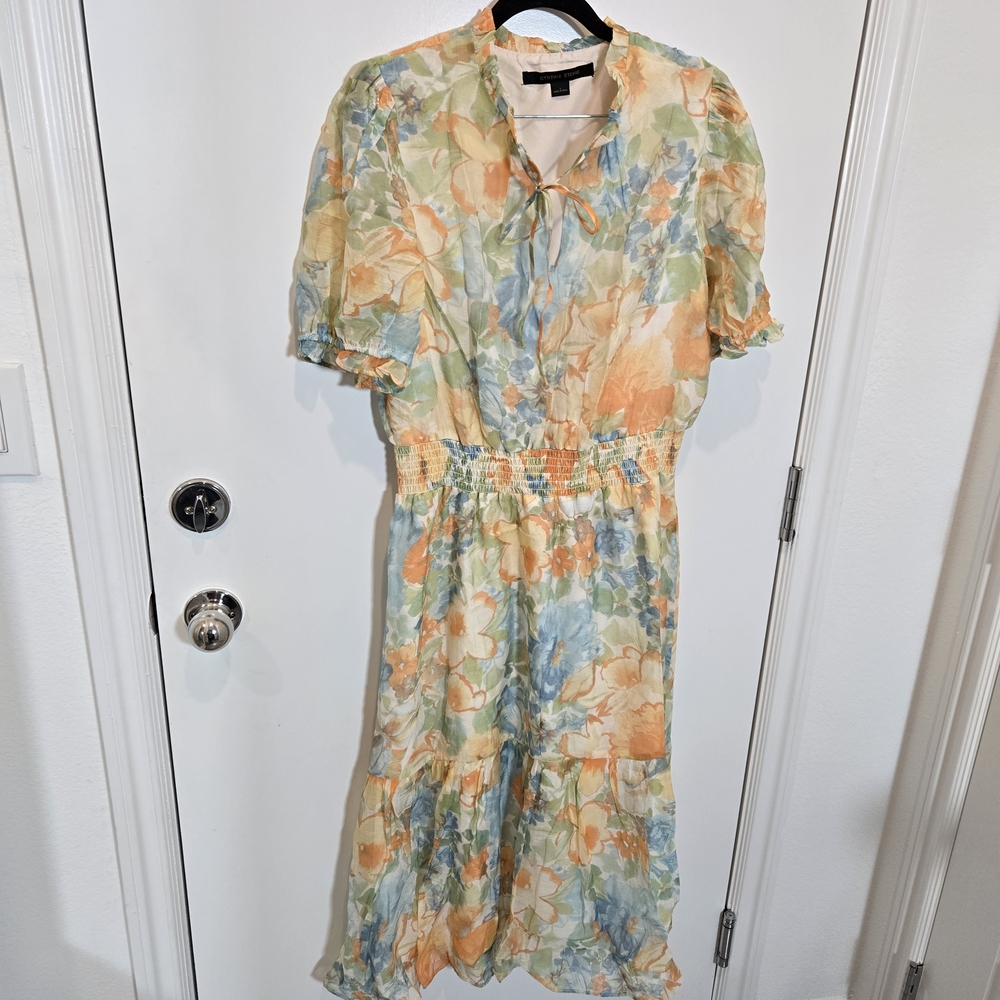 Cynthia Steffe Floral Midi Dress in Orange, Blue, Green